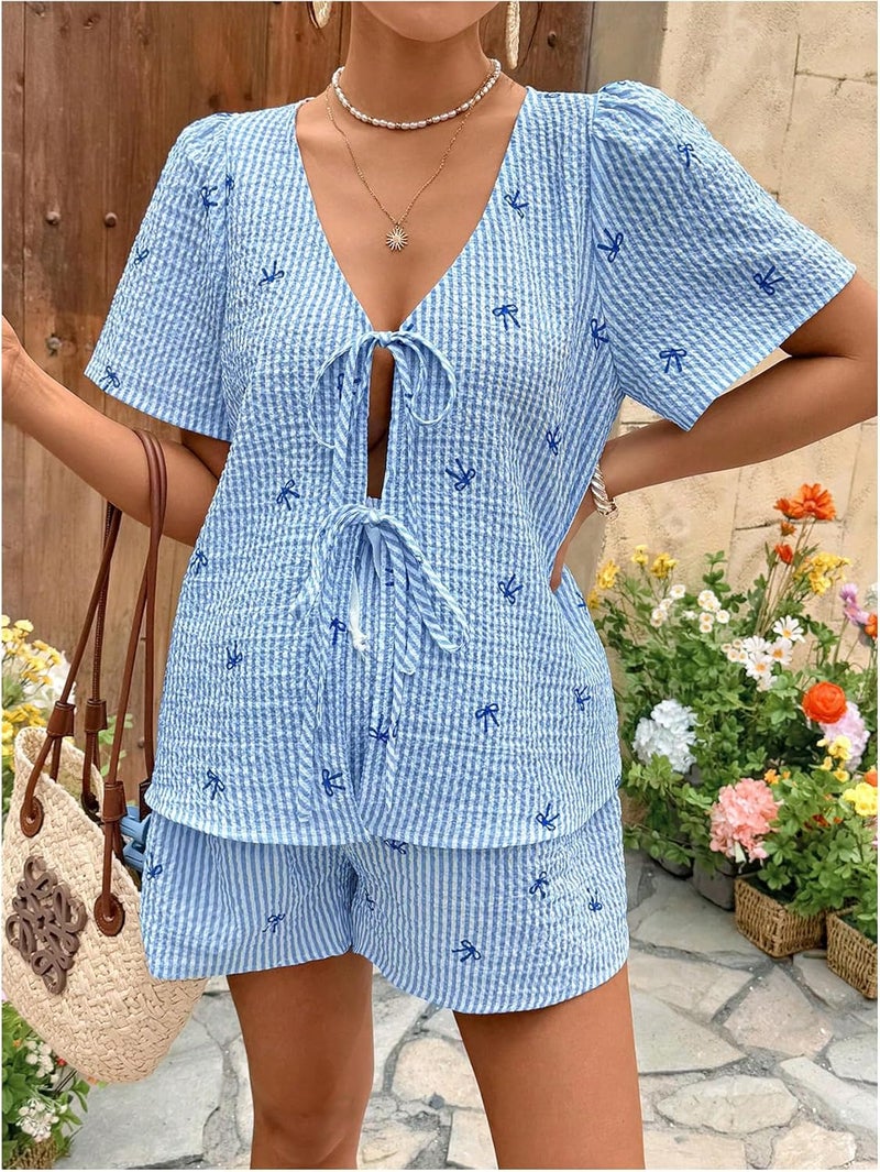 MakeMeChic Women's Boho Maternity 2 Piece Striped Outfits Bow Print Short Sleeve Blouse and Shorts Pregnancy Set - Image 4